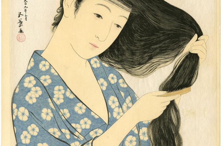 estampe japonaise Femme peignant ses cheveux