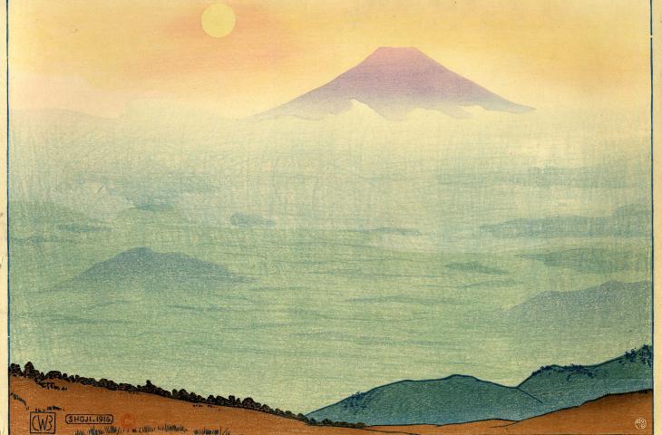 Japanse prent De berg Fuji gezien vanaf het meer Shōji