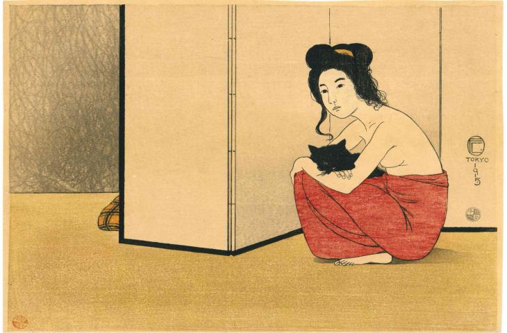 estampe japonaise Femme tenant un chat noir